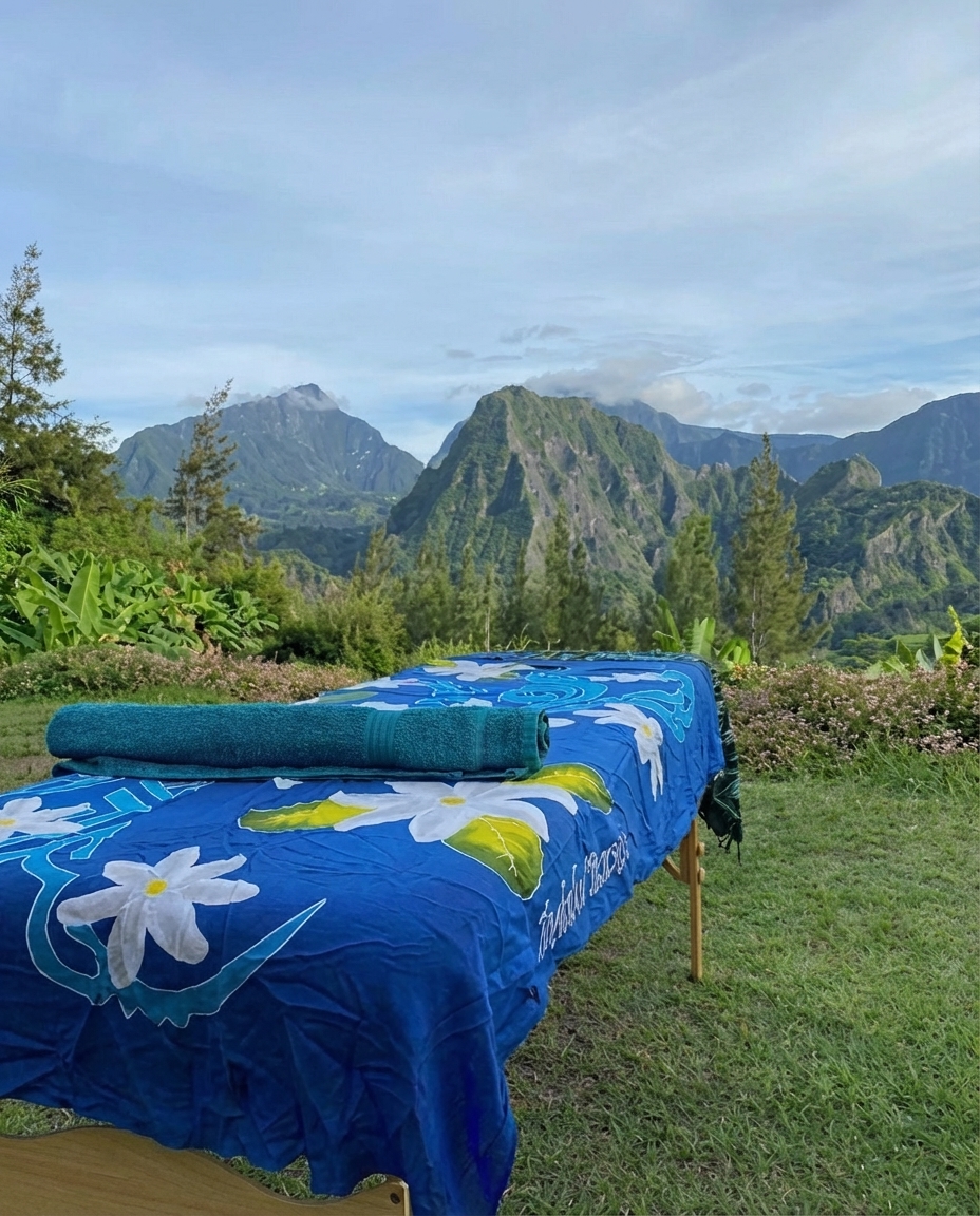 Table de massage en plein air avec vue sur les montagnes de La Réunion